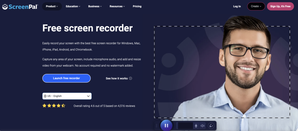 screenshot of ScreenPal Free screen recorder page: Easily record your screen with the best free screen recorder for Windows, Mac, iPhone, iPad, Android, and Chromebook. Capture any area of your screen, include microphone audio, and add and resize video from your webcam. No account required and no watermark added. Image of man next to text with button to "Launch free recorder"